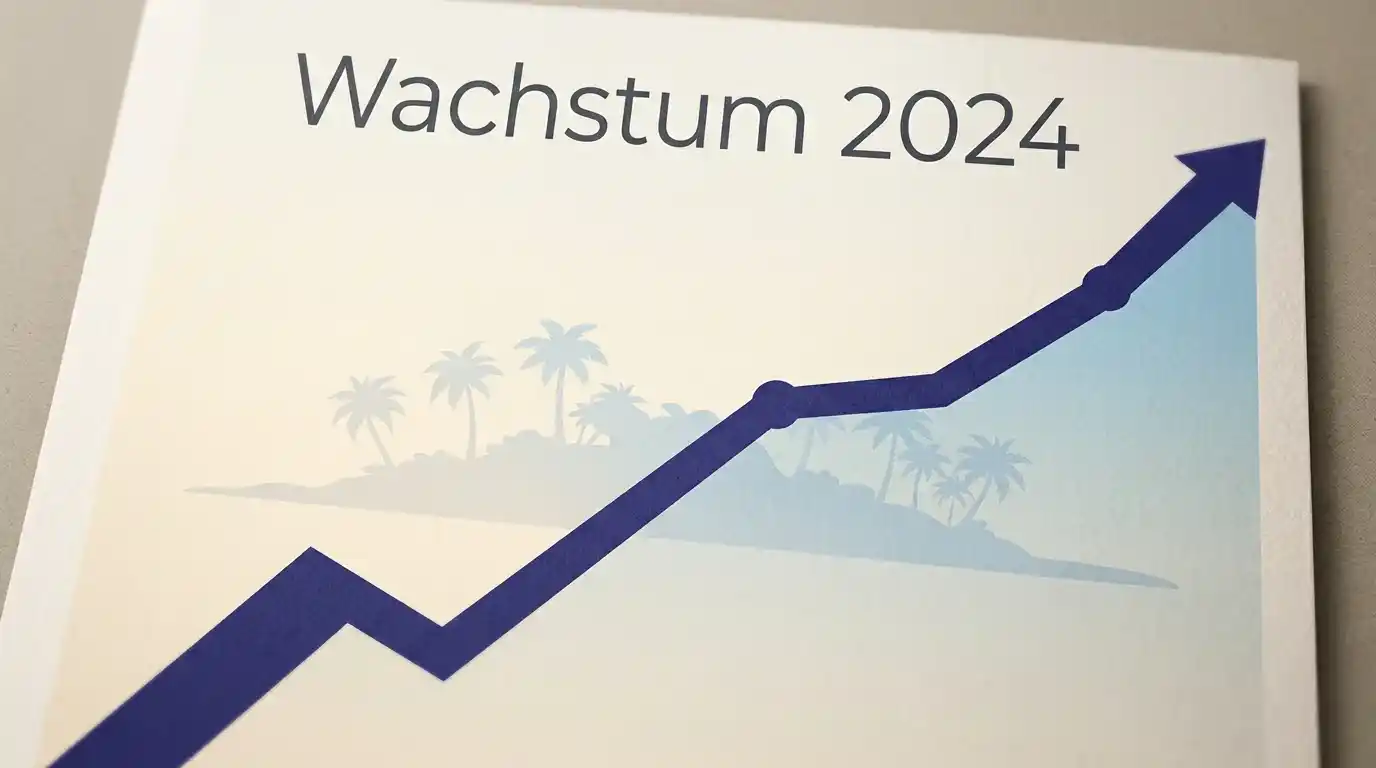 Stilisierte Wachstumskurve der Anjouan-Lizenzvergaben mit aufsteigendem Trendpfeil und einer Insel-Silhouette im Hintergrund