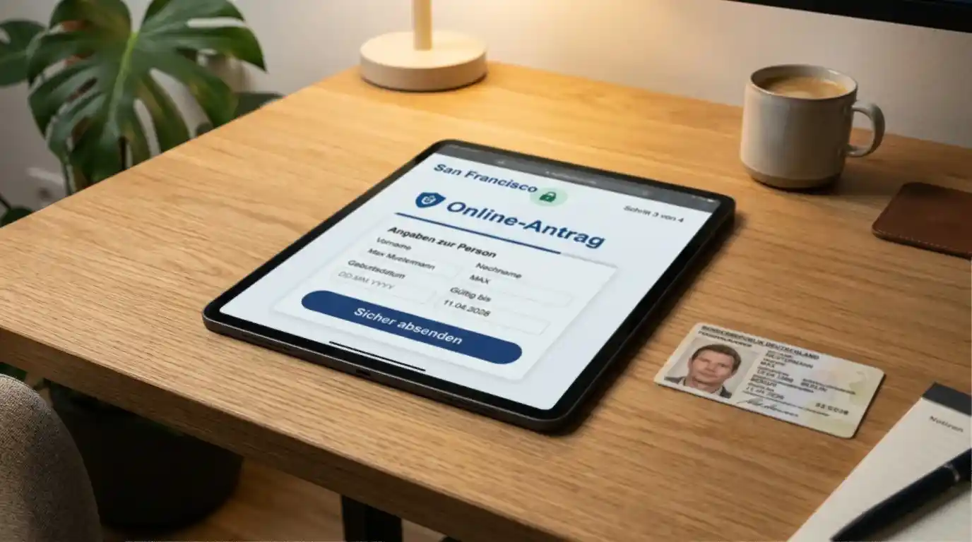 Symbolische Darstellung des digitalen Antragsverfahrens mit Online-Formular und stilisiertem Personalausweis-Symbol für die BundID-Verifizierung