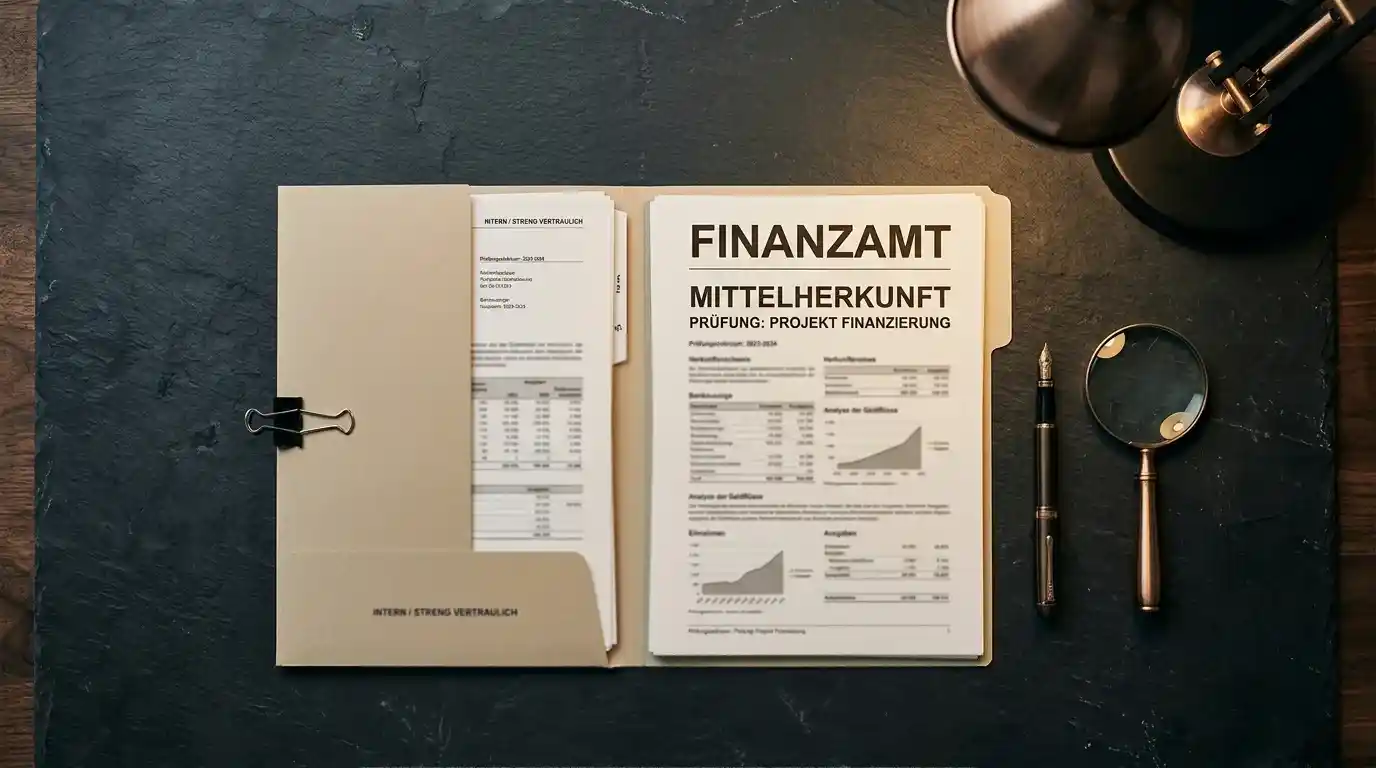 Symbolische Darstellung einer Anfrage des Finanzamts zur Mittelherkunft mit geordneten Belegen und neutralen Akten ohne identifizierbare Personen