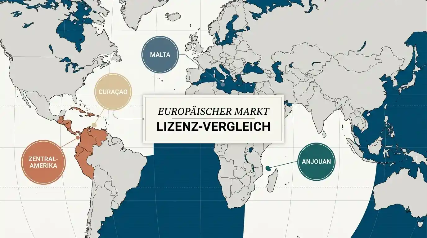 Schematische Karte der typischen Lizenz-Jurisdiktionen für Online-Glücksspiel: Malta, Curaçao, Anjouan und weitere Offshore-Standorte