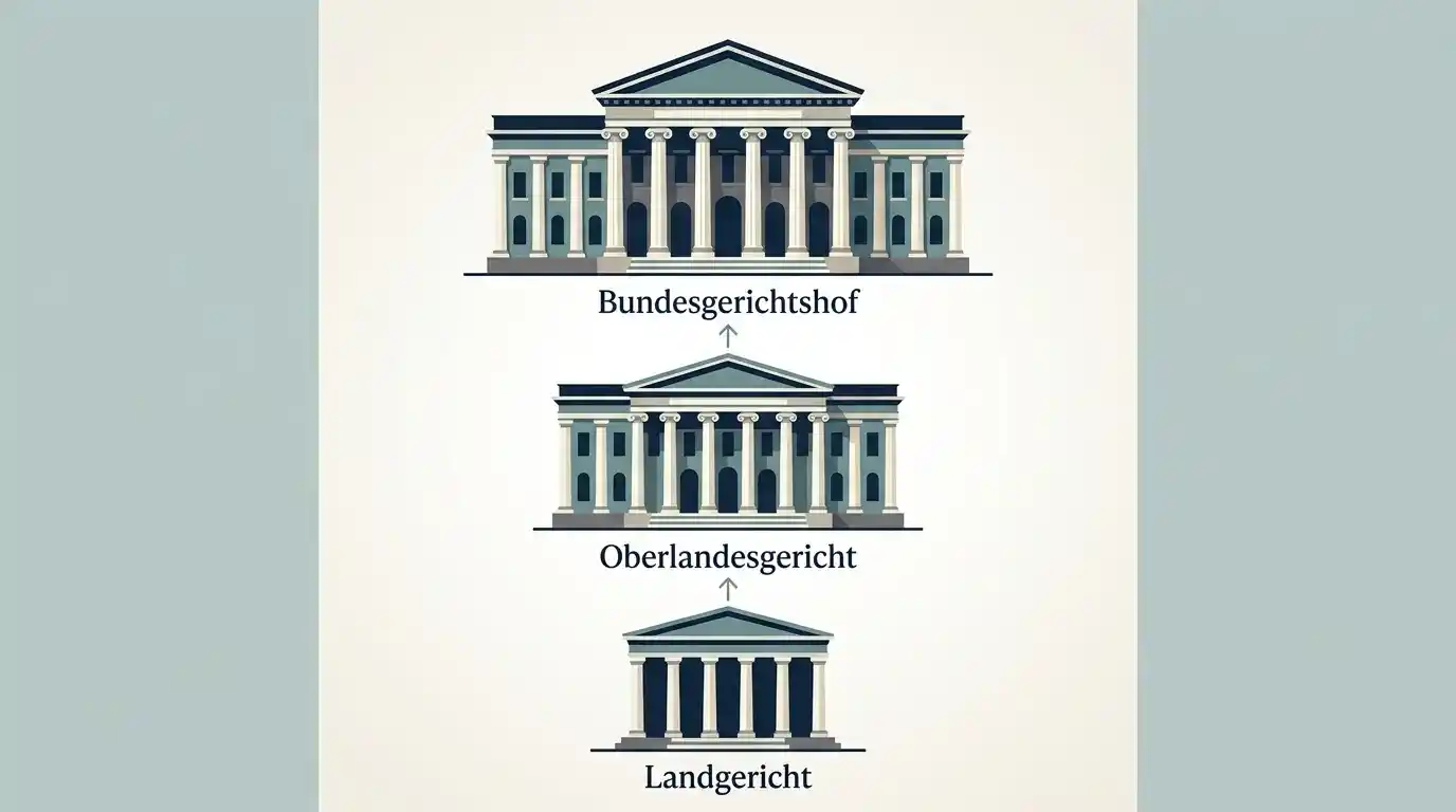 Schaubild der Gerichtsinstanzen-Hierarchie vom Landgericht über das Oberlandesgericht zum Bundesgerichtshof