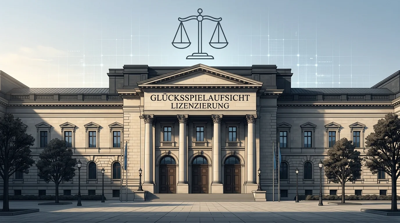 Symbolische Darstellung der GGL-Aufsicht über den deutschen Online-Glücksspielmarkt mit Hansering-Gebäude und behördlichem Wappen-Motiv