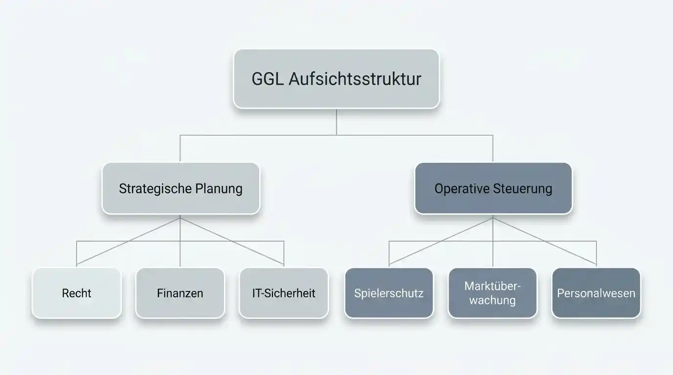 Schematische Darstellung der GGL-Aufsichtsstruktur mit Verwaltungsrat, Vorstand und Fachabteilungen für Erlaubnis, Aufsicht und Vollzug