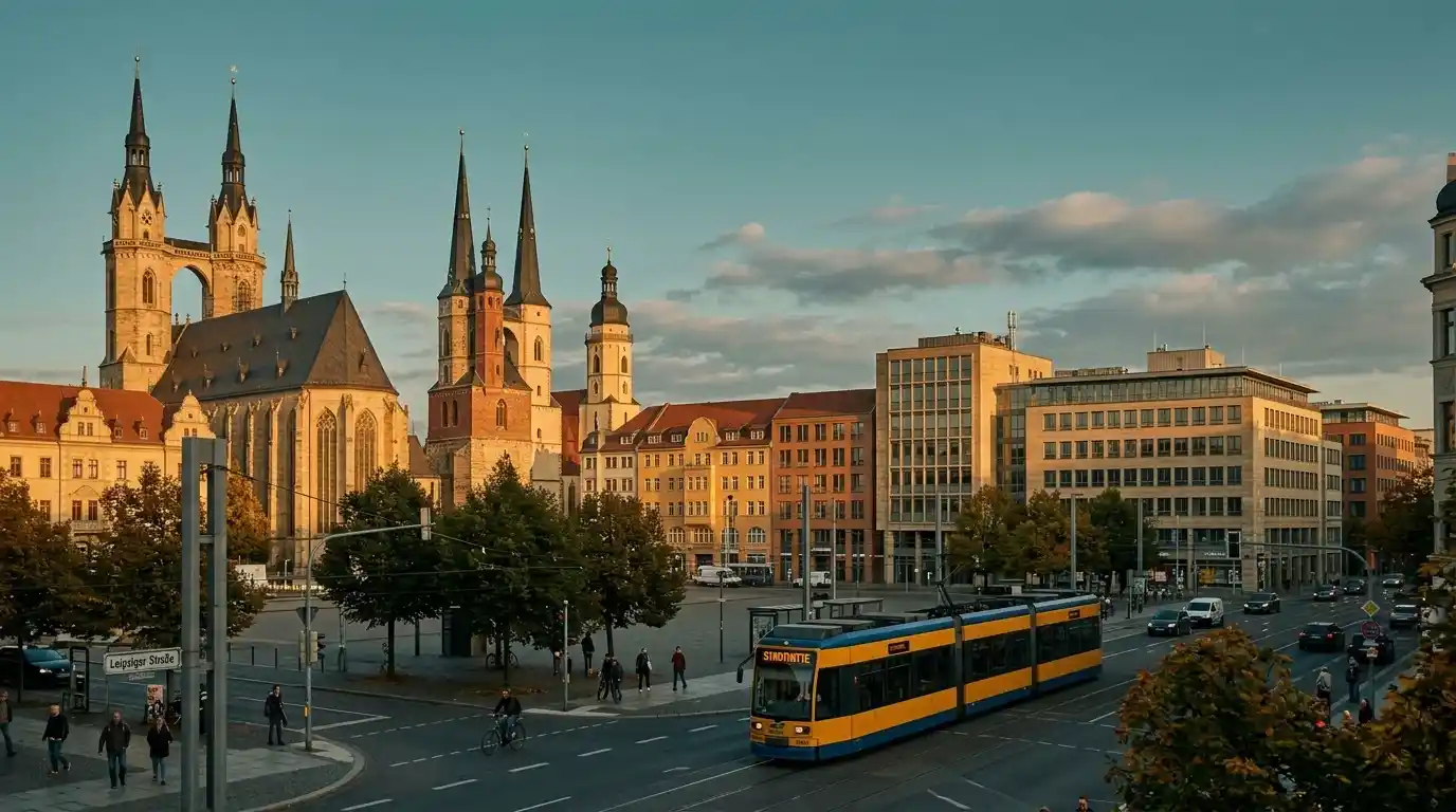 Stadtansicht von Halle an der Saale mit dem Hansering und Gebäudemotiv des GGL-Hauptsitzes in Sachsen-Anhalt