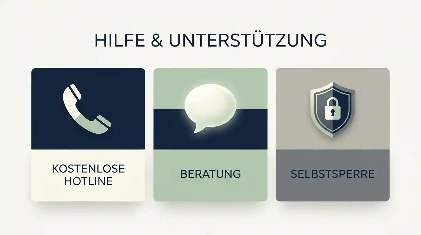 Stilisierte Darstellung der Hilfsangebote-Bausteine mit Hotline-Telefon, Beratungsportal und Selbstsperre