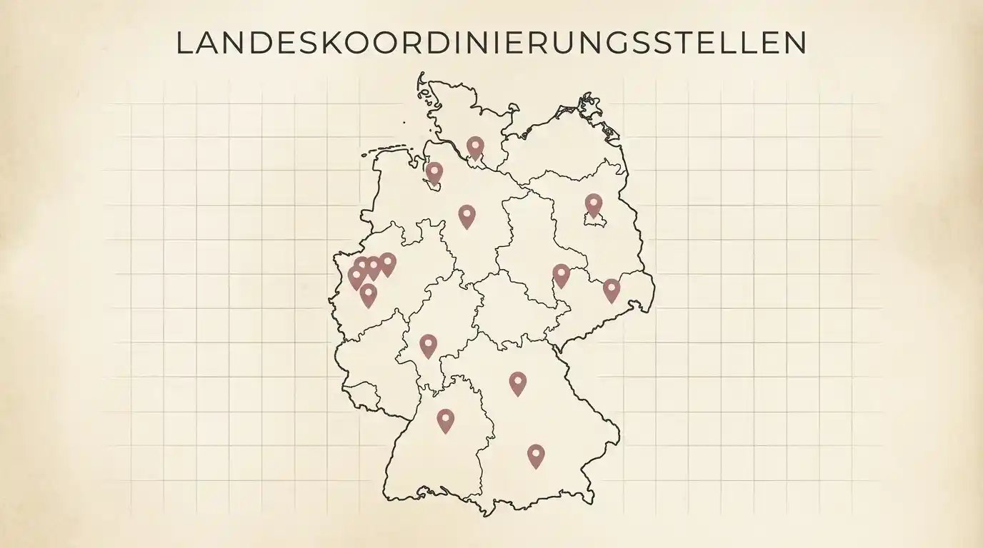 Stilisierte Deutschlandkarte mit markierten Standorten der Landeskoordinierungsstellen für Glücksspielsucht in den Bundesländern