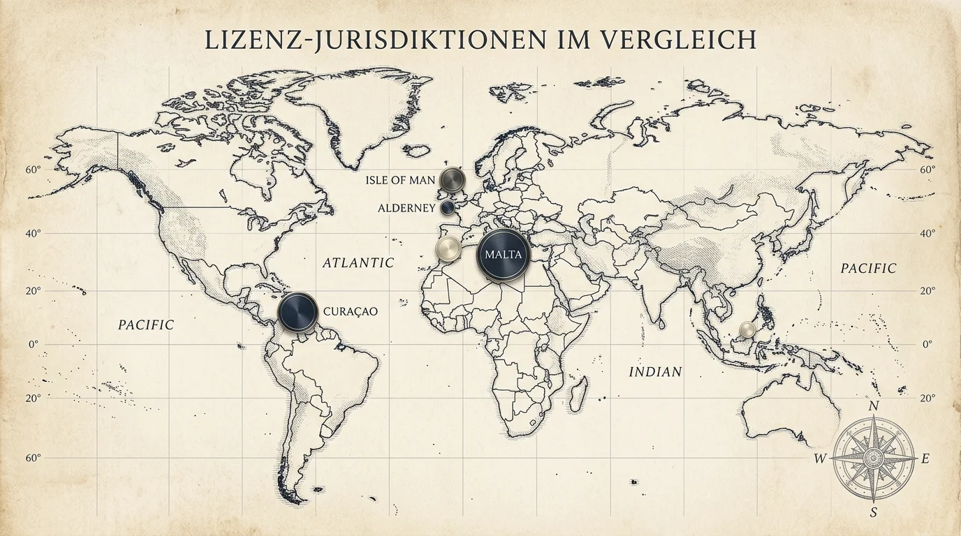 Weltkartenmotiv mit sechs markierten Glücksspiel-Jurisdiktionen Malta, Curaçao, Anjouan, Costa Rica, Gibraltar und Kahnawake in zurückhaltender editorialer Gestaltung