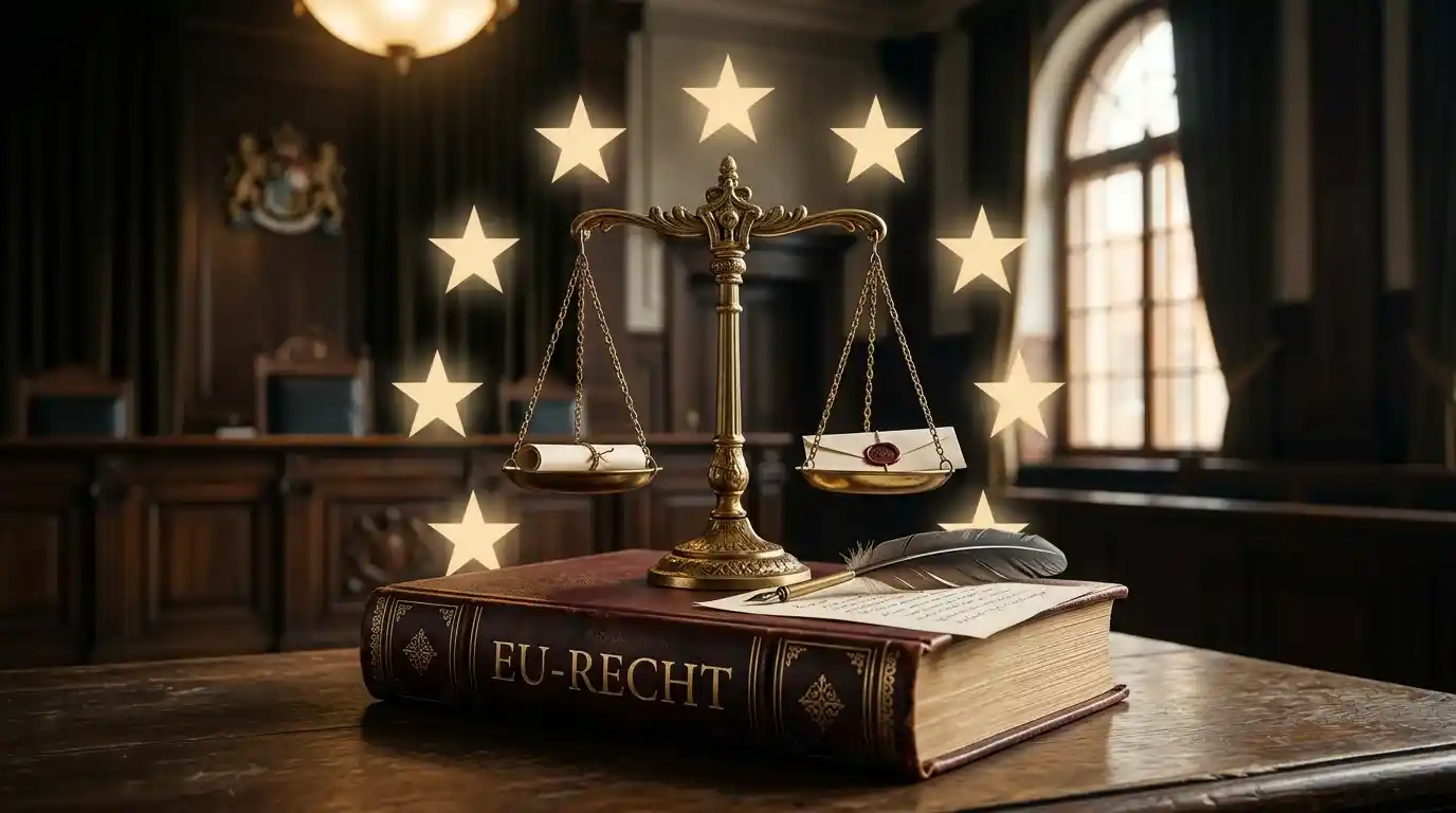 Symbolische Darstellung des EU-Vertragsverletzungsverfahrens gegen Malta mit Justitiamotiv und stilisiertem Aktenstapel