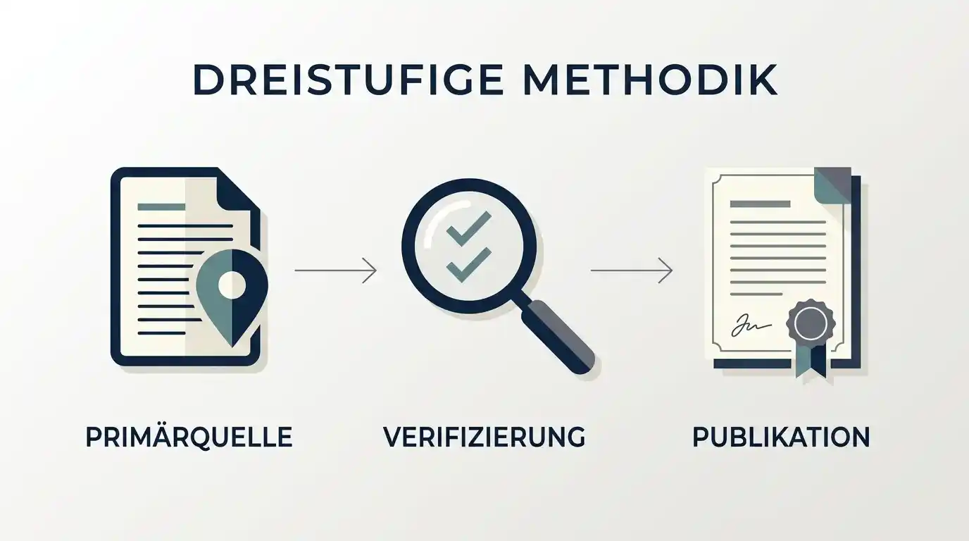 Schaubild des dreistufigen Verifizierungsprozesses der Redaktion von Primärquelle bis Veröffentlichung