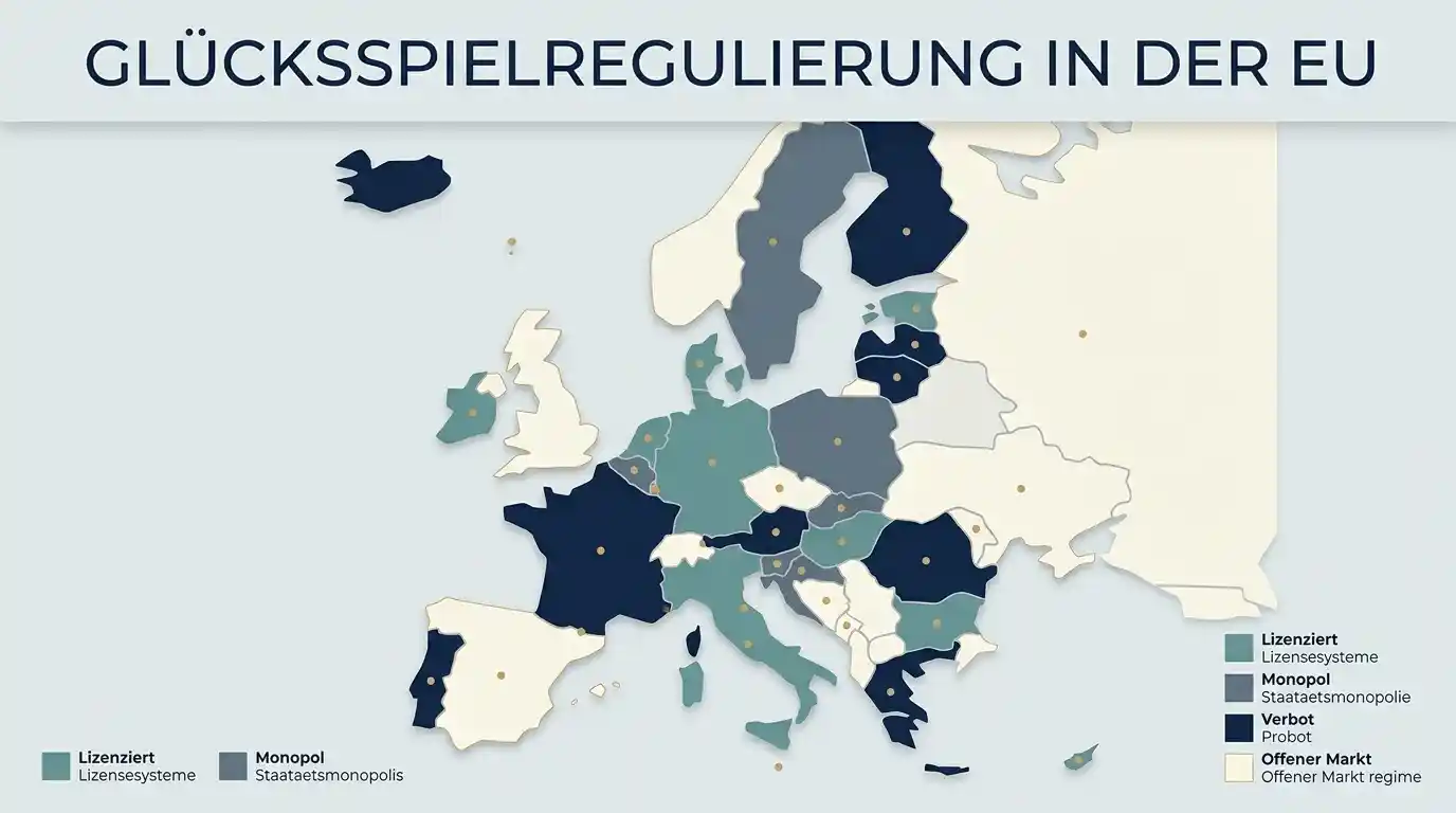 Symbolische Darstellung der unterschiedlichen nationalen Glücksspielregulierungen in der EU
