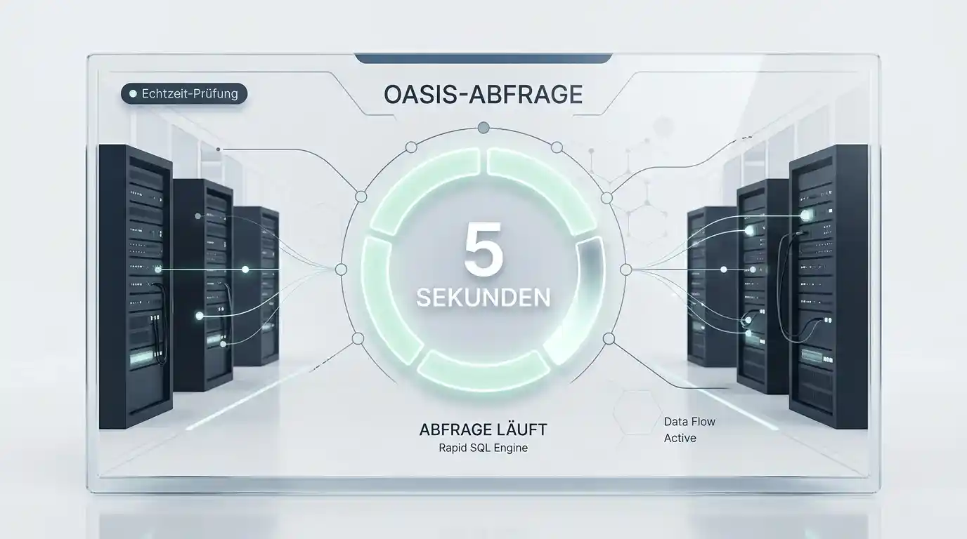 Symbolische Visualisierung des OASIS-Abfrageprozesses mit Sekundenanzeige und neutralen Server-Symbolen für die Echtzeit-Sperrprüfung