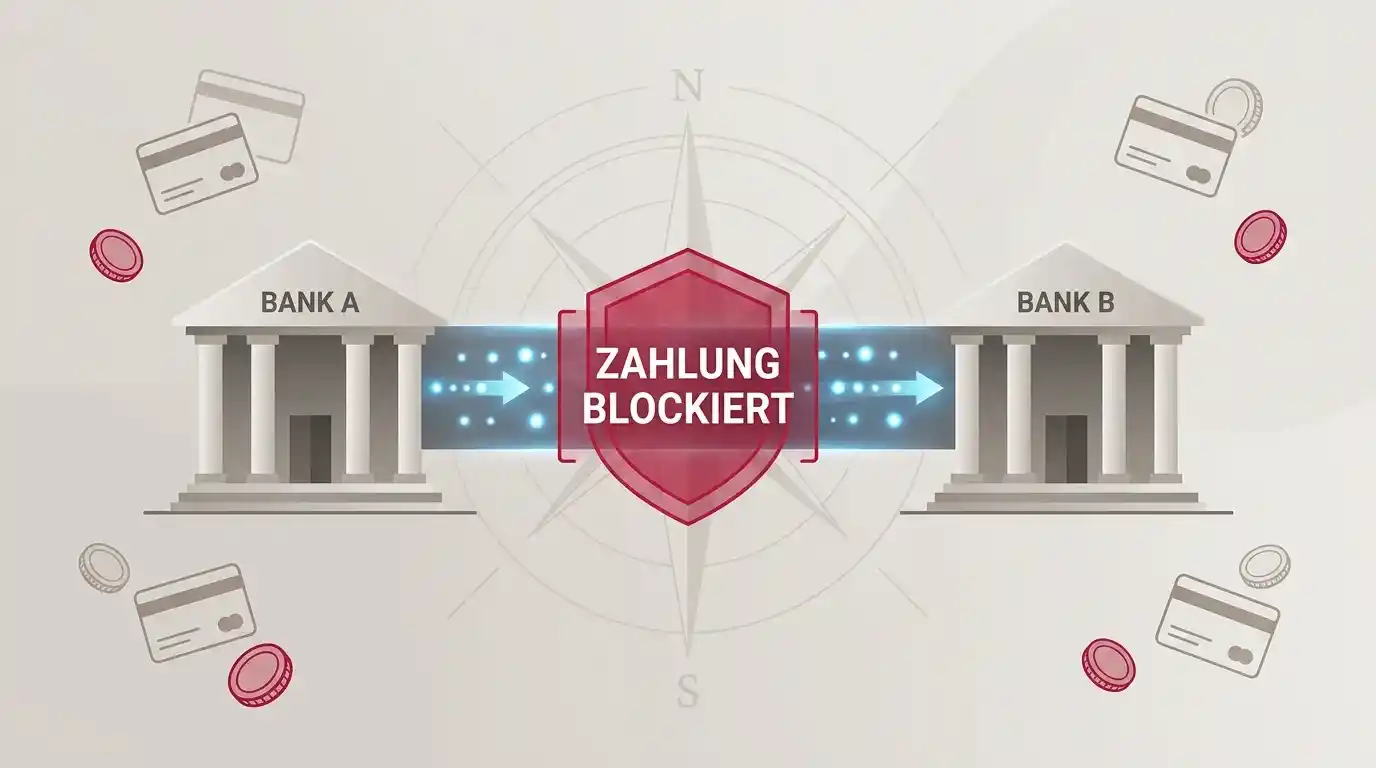Symbolische Darstellung der Zahlungssperre mit Verbindungslinien zwischen Bank, Zahlungsdienstleister und Online-Glücksspielanbieter sowie roter Sperrmarkierung