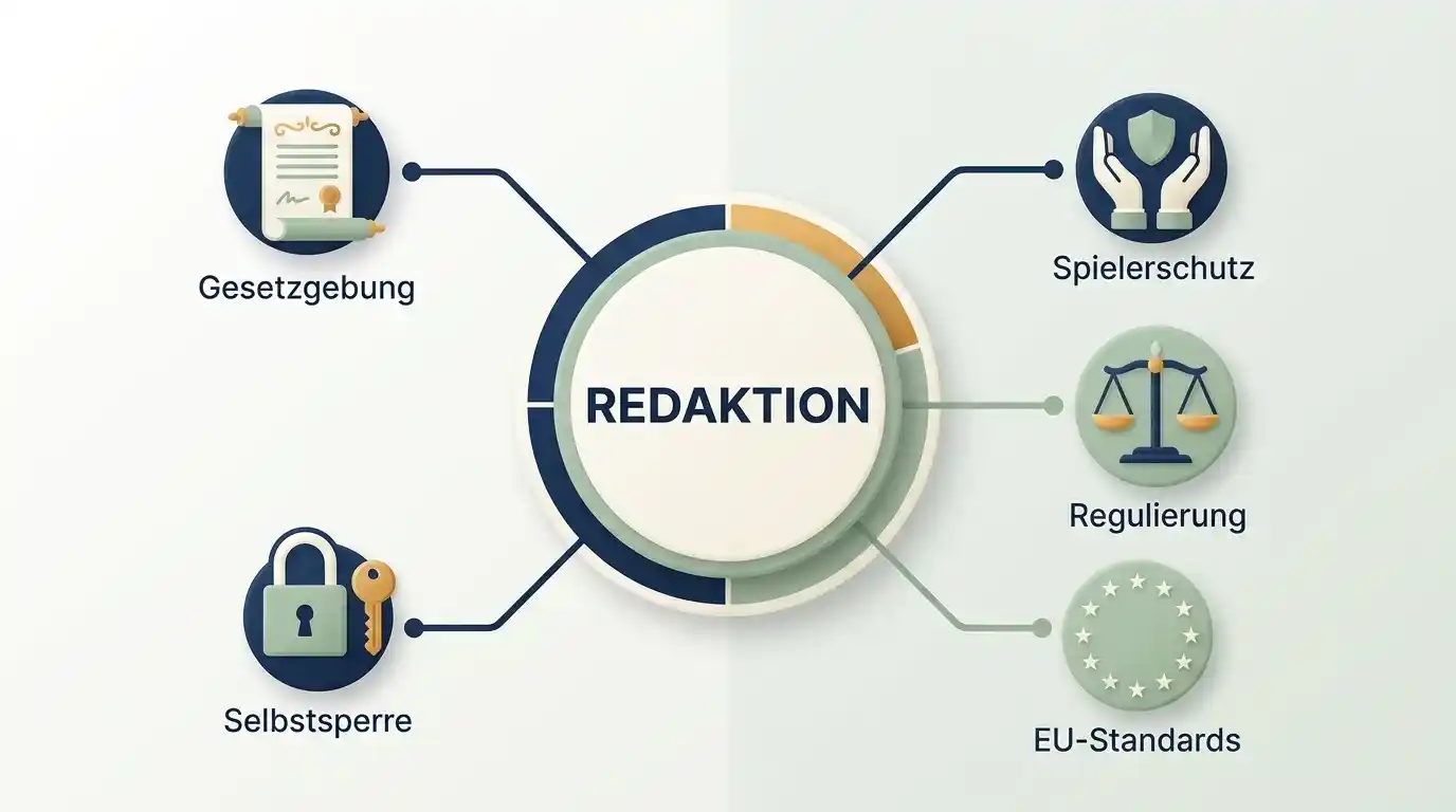 Schaubild der fuenf Schwerpunktthemen der Redaktion: Glueksspielrecht, OASIS, EU-Recht, GGL-Aufsicht und Spielerschutz
