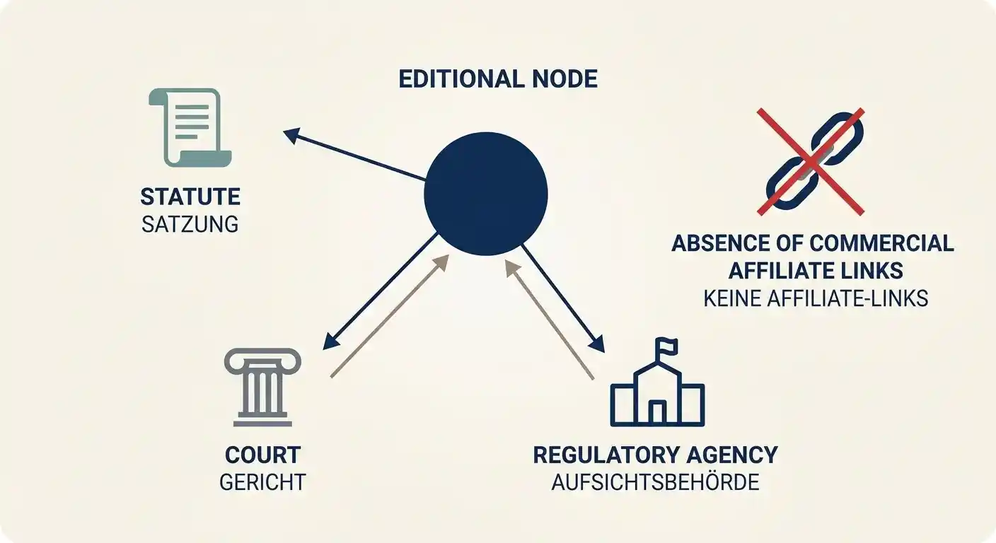 Schaubild des Verlinkungsprinzips der Redaktion mit ausschliesslicher Anbindung an Primaerquellen und thematische Beitraege