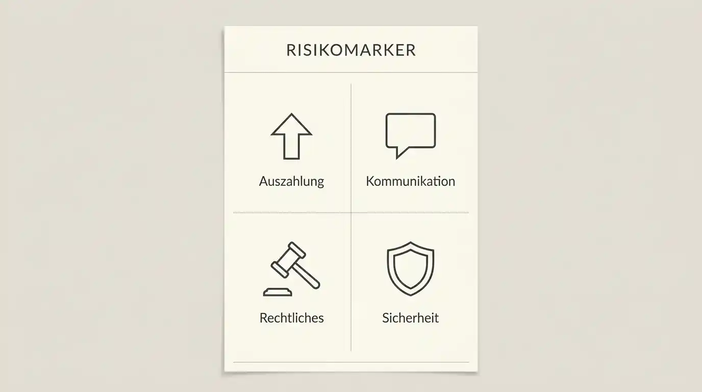 Übersicht von vier Risikomarkern Auszahlungsverhalten, Beschwerdeweg, Vollstreckbarkeit und Datenschutz mit unterschiedlich starken Symbolen