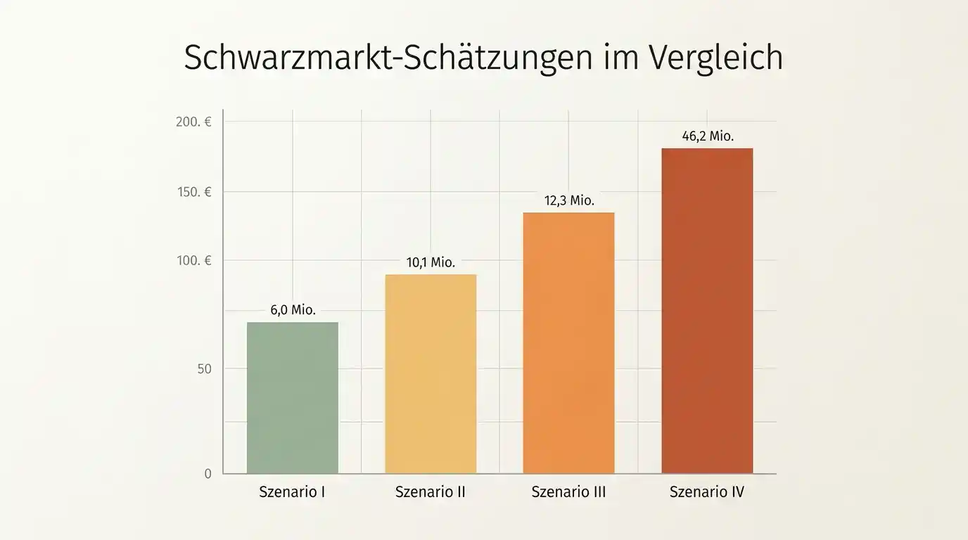 Vergleichendes Balkendiagramm divergierender Schwarzmarkt-Schätzungen mit Werten von 22,97 Prozent GGL-Studie März 2026 bis über 80 Prozent Hessisches Finanzgericht 2024