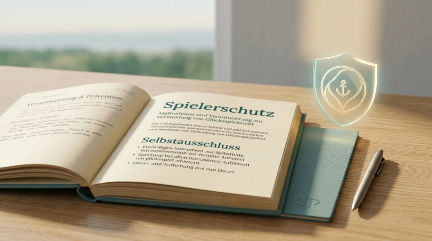 Symbolische Darstellung zum Spielerschutz und zur OASIS-Selbstausschluss-Möglichkeit mit Schutzschild-Motiv und Beratungs-Sprechblase in ruhiger Bildsprache