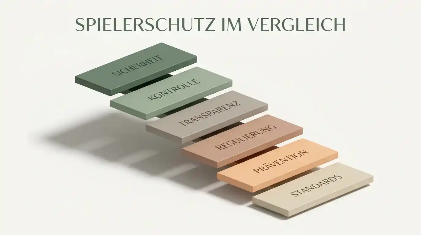 Stilisiertes Treppendiagramm mit sechs absteigenden Stufen zur Visualisierung des Spielerschutz-Niveaus der verglichenen Lizenz-Jurisdiktionen