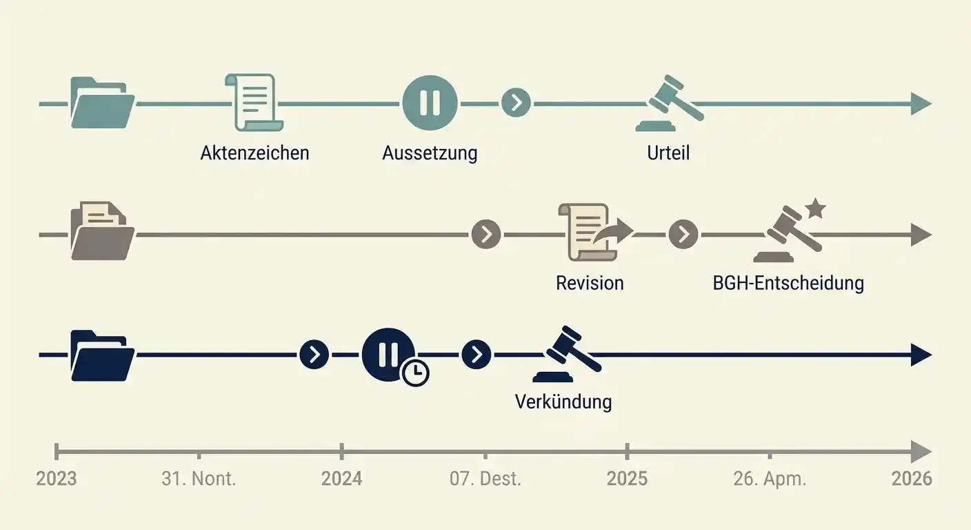Horizontale Zeitleiste der zentralen BGH-Verfahren I ZR 53/23, I ZR 88/23 und I ZR 90/23 von 2023 bis 2026